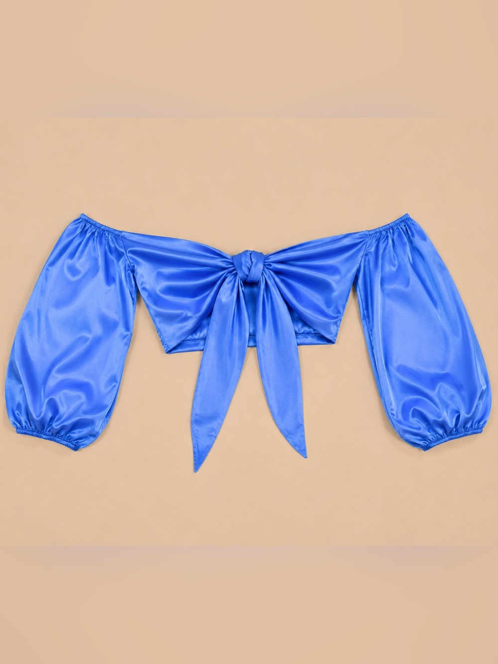 Satin Off-Shoulder Bow Crop Top in Bright Blue